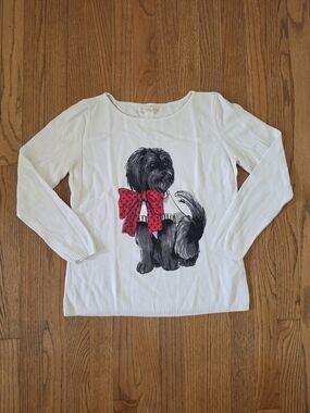 Emaline White Scoop Neck Sweater with Graphic Dog and Red Bow Size PM